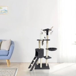 Rascador para gatos gris oscuro 79 x 34 x 138 cm - 3 plataformas, 1 percha, 1 perrera, 1 escalera, postes rascadores ALC14A