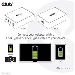 Club3D CAC-1906 Cargador 3xUSB Tipo C, 1xUSB Tipo A, PD 132W con GaN, para carga universal, color negro