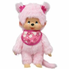 Monchhichi Peluche Pinky Original, Muñeca de Felpa Rosa Suave para Niñas, con Ojos Azules y Pequeñas Flores Decorativas en el Cabello.