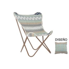 DKD Home Decor Sillon Boho Onari Algodón Hierro Azul Blanco Verde Menta, detalle Mariposa, Altura Asiento 40 cm, 65x74x90 cm, Desmontable