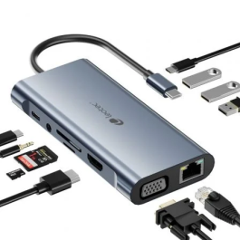 Leotec LEDS01 Docking USB Tipo-C, 3xUSB, 2xUSB Tipo-C, USB-C PD 100W, HDMI 4K, VGA, RJ45 Gigabit, Lector SD/MicroSD, Gris
