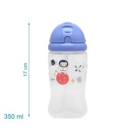 KioKids Botella para Bebés con Pajita de Silicona Higiénica Antiahogo 350 ml Azul Vuelta al Cole +6 Meses Sin BPA