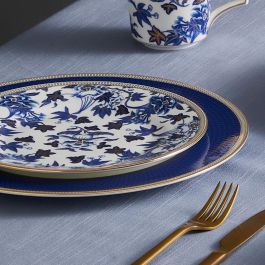 Wedgwood Plato Llano Hibiscus Blue 27 cm (4 Unidades) Apto Lavavajillas Franjas Oro 22k