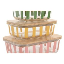 DKD Home Decor Set 3 Recipientes de Cristal Borosilicato Verde Amarillo Coral Rayas 15 x 6.5 x 20 cm, 1L/660ml, Aptos Lavavajillas