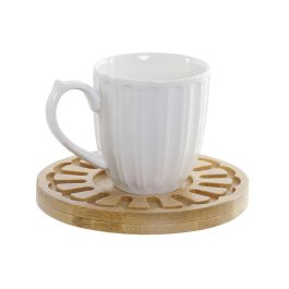 DKD Home Decor Set de 6 Tazas de Porcelana y Bambú Blanco 18 x 18 x 22 cm Aptas para Horno y Microondas