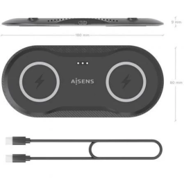 AISENS ASCH-15W2WC060-BK Cargador Inalámbrico 2 en 1 15W para Móvil y Auriculares, Carga Rápida Qi, Doble Zona, USB-C, Negro