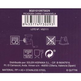 Quttin Picadora de Carne con Manivela 13.5 cm Ancho x 23.8 cm Alto x 13.5 cm Largo