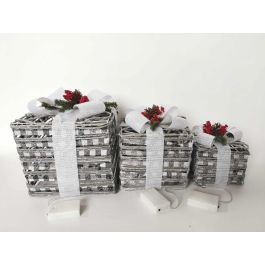 DKD Home Decor Regalo Navidad Set de 3 Ratán Metal LED Blanco Plateado 25x25x29 cm