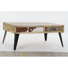 DKD Home Decor Mesa Centro Colonial con 2 Cajones de Madera de Mango y Metal Marrón y Negro 110x70x46 cm