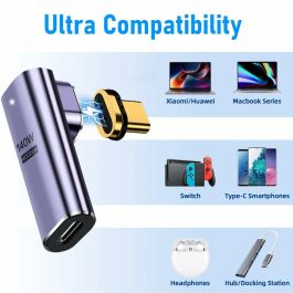 EWENT EC1049 Adaptador Magnético USB-C Slim a 90 Grados, USB4 40Gbps, Carga 100W, 8K, Color Púrpura