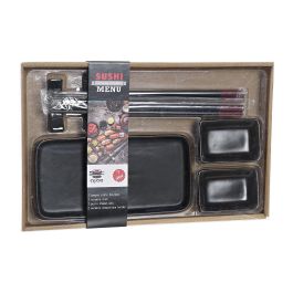 DKD Home Decor Set de Sushi Oriental Negro 7 Piezas. Vajilla de Gres y Bambú Apta para Microondas y Lavavajillas