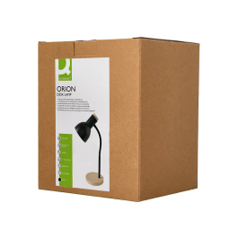 Q-connect Orion Lámpara de Escritorio Metálica con Detalles de Madera, Brazo Flexible, Color Negro