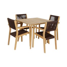 DKD Home Decor 54x56x84 Mesa de Terraza y Jardín de Teca y Cuerda Marrón 90x90x75 cm - Set de 5 piezas Desmontable