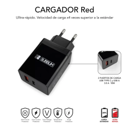 SUBBLIM CARGADOR ULTRA RAPIDO 2xUSB DE PARED PD25W+QC3.0+Cable C to C y lightning Negro