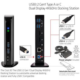 Club3D CAC-1507 Docking Station Dual Display 4K 60Hz USB-C/USB 3.0 con 2xDP/6xUSB/LAN/Audio Negro
