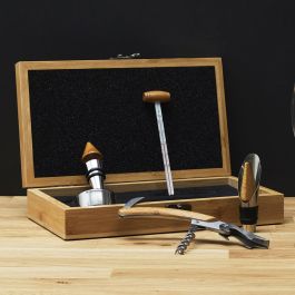 The Concept Factory Caja de Vino de Bambú 5 Piezas (Termómetro, Tapón Vertedor, Tapón, Sacacorchos, Collarín Antigoteo)