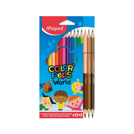 Maped Lápices de Colores Color Peps World Caja de 12 Colores Surtidos + 3 Duo Tonos de Piel