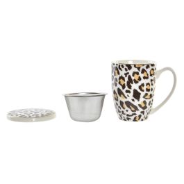 DKD Home Decor Mug Infusiones Porcelana 380ml Diseño Leopardo Colonial Marrón Blanco Apto Microondas Lavavajillas (6 Unidades)