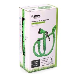 Edm Manguera Extensible ø12 mm ½ pulg 15 m Básico con Pistola Riego, Adaptador Grifo y Enlaces Anti-rotura