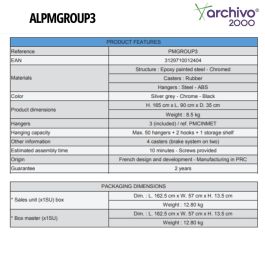 Archivo 2000 Perchero Alba de Gran Capacidad con Ruedas 540x1530x1715 mm Gris ALPMGROUP3 GS