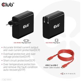 Club3D Cargador de Viaje 1xUSB Tipo C PD 140W con Tecnología GaN para Interiores, 28V, Cable 1m Negro