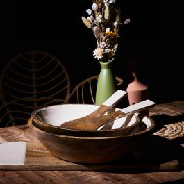 Home Deco Factory Ensaladera Dune Crema Colección Mirage de Madera de Mango Diámetro 33 cm x 7.5 cm Alto