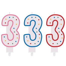 Party Time Vela Numeral Aniversario Número 3 - Decorada con Círculos y Pincho, 14 cm, Colores Surtidos Rosa Azul Rojo