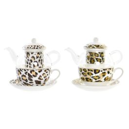 DKD Home Decor Tetera Colonial Diseño Leopardo Marrón Blanco de Cristal y Porcelana 250ml Apta Lavavajillas y Microondas (2 Unidades)