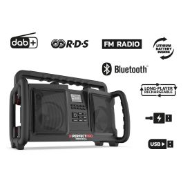 PerfectPro ROCKBULL Radio Portátil 50W, DAB+/FM, Bluetooth, Resistente IP65 a Polvo/Agua/Golpes, Batería 12000mAh 16h, Negro