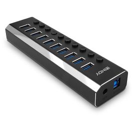 LINDY 43370 Hub USB 3.0 de 10 Puertos con Interruptores Individuales y Adaptador de Corriente, Negro, 5 Gbps