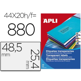 Apli Etiquetas Adhesivas Transparentes 48,5x25,4 mm 880 Etiquetas/Hoja Compatible Láser Inkjet Fotocopiadora Caja 20 Hojas Din A4 Precio: 24.50000014. SKU: B1JNXQ3LTH