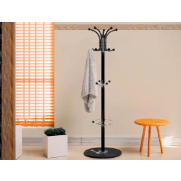 Q-connect Perchero Metálico de Pie Negro con Paraguero 10 Colgadores y Ganchos Portabolso 174x40 cm