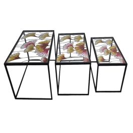 DKD Home Decor Mesita Auxiliar Tropical Set de 3 con Hojas, de Metal y Cristal, Amarillo Negro, 40x60x50cm