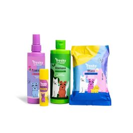Tresky & Friends Set de Baño Completo para Perros con Champú, Bálsamo, Spray, Toallitas y Neceser - 5 piezas