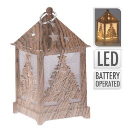 Farol LED tallado efecto madera 6,5x6,5x12cm, luz cálida, plástico, interior IP20, modelos surtidos