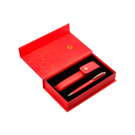 Belius Passion d'or Bolígrafo y Estuche Rojo y Dorado Tinta Azul Aluminio Textura Cepillada Caja Diseño Elegante Regalo.