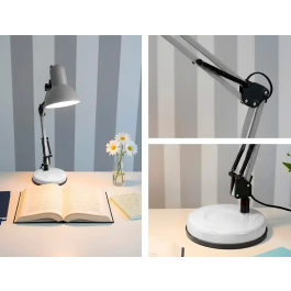 Q-connect Lámpara de Escritorio Polaris Metálica con Interruptor, Brazo Doble y 3 Articulaciones, Color Blanco