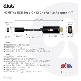 Club3D Adaptador HDMI 2.0 a USB-C CAC-1333, Resolución 4K a 60Hz, Activo, Negro