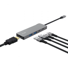 Trust Docking USB Tipo-C Dalyx 26062, Adaptador Multipuerto 5 en 1 con 2x USB-A, 1x HDMI 4K, 2x USB Tipo-C, Gris