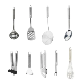 Fackelmann Juego de Utensilios de Cocina AAAPI63438, 9 Piezas Ovaladas en Acero Inoxidable