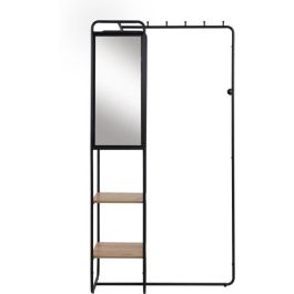 Mueble de recibidor - LUTON - Estructura metálica - Negro / Roble artesano - 100 x 185 x 37 cm - 2 estantes - 1 espejo