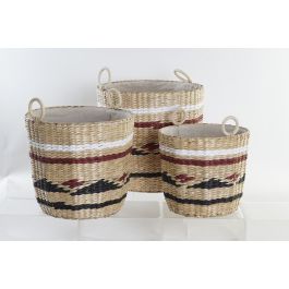 DKD Home Decor Cesta Colonial Natural Granate y Negro Blanco Fibra Poliester Set de 3 Piezas 38 x 36 x 38 cm