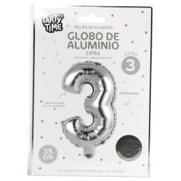 Party Time Globo de Cifra 3 Plata de 35 cm de Altura, para Celebraciones, Aniversarios, Cumpleaños, Hinchable con Aire o Helio, Reutilizable