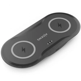 AISENS ASCH-15W2WC060-BK Cargador Inalámbrico 2 en 1 15W para Móvil y Auriculares, Carga Rápida Qi, Doble Zona, USB-C, Negro