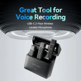 Vention NCAB0 Micrófono Inalámbrico con Clip, USB Tipo-C, Receptor Incluido, Paquete de 2 Unidades, Negro