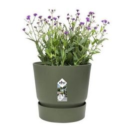 Elho Greenville 40 Macetero Redondo Exterior Ø 39 x H 36,8 cm Verde hoja, Plástico 100% Reciclado, Resistente a Heladas con Depósito de Agua