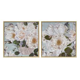 DKD Home Decor Cuadro de Lienzo Shabby Chic con Flores Blanco y Azul 80x80 cm Hecho a Mano (Pack de 2)