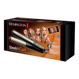Remington Plancha de pelo cerámica sleek&curl S6500, placas extra-largas 110 mm, calentamiento rápido 15 seg, pantalla digital, negro/dorado