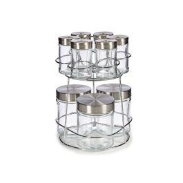 Vivalto Set 9 Botes Cristal con Soporte Metal Redondo Transparente y Plata 18.5x23.5x19 cm