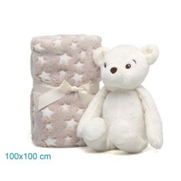 KioKids Oso de Peluche Blanco con Mantita de Estrellas para Bebé, 25cm, Manta 100x100cm, Poliéster, +0 Meses